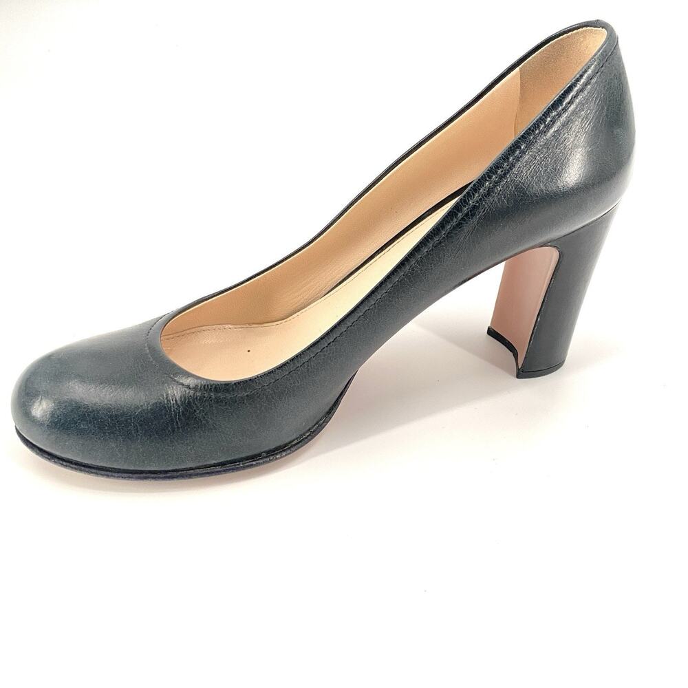 Prada Navy Blue Round Closed Toe Pumps Block Heels Italy Womens 39.5